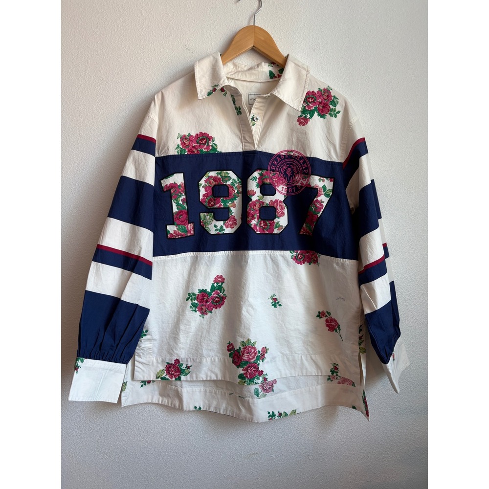Maeve Anthropologie Floral 1987 Rugby Shirt Navy Striped 100% Cotton Top Small